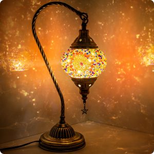 Yarra-Decor Turkish Moroccan Lamp With Bronze Base 3 Color Options Handmade Swan Neck  Mosaic Glass Bedside Lamps For Bedroom (LED Bulb Included)(4) Orange