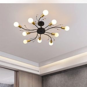 Sputnik Chandelier Modern Ceiling Light Fixture, 10-Light Mid Century Industrial Metal Sputnik Semi Flush Mount Light, Gold & Black Ceiling Lamp For Bedroom Dining Living Room Kitchen Black