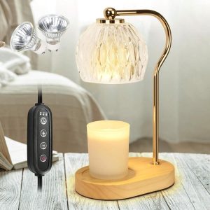 Soilsiu Candle Warmer Lamp With Timer & Dimmer, Small Candle Warmer Light For Bedroom, Electric Wax Melts Warmer For Candle Jars, Home Decor Beside Lamp For Women (2 X GU10 Bulbs Included, Wood) wood