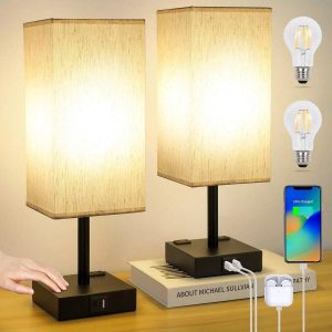 Bedside Table Lamps Set Of 2 - Touch Nightstand Lamp For Bedroom With USB C+A Charging Ports & AC Outlets, 3-Way Dimmable Desk Lamp Grey Fabric Shade For Bedroom Living Room, Office(Bulb Included) US A Type Plug(110-127V)