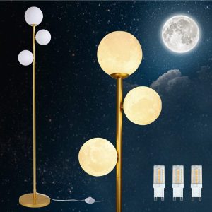 3 Globe Moon Floor Lamp For Living Room, Modern Gold Floor Lamp With 3D Printing Frosted Shade And LED Bulb, Mid Century Standing Lamp, 67" Metal Tall Pole Lamp For Bedroom Girls Room, Dresser, Office Gold