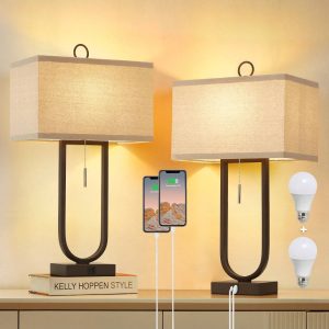 Nightstand Lamps Set Of 2 With USB C+A Ports, 24'' Tall Table Lamp With Two 3000K LED Bulbs, Beige Lampshade, Modern Bedside Lamp For Living Room, Bedroom, Office US A Type Plug(110-127V)