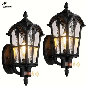 2-Pack Beslowe Motion Sensor Outdoor Wall Lights, Dusk To Dawn Porch Lights Wall Mount, Exterior Light Fixtures Sconces Lighting, Black Wall Lanterns Outside Lights For House Garage Front Door