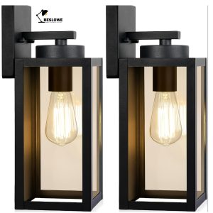 Beslowe 2-Pack Outdoor Lights Waterproof, Exterior Lanterns, Porch Sconces Wall Mounted Lighting With E26 Sockets & Glass Shades, Modern Matte Black Wall Lamps For Patio Front Door Entryway